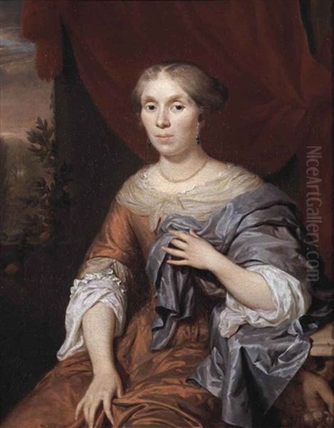 Portrait Of A Lady, Three-quarter Length,-in An Orange Satin Dress And Blue Shawl, Seated At A Marble Table Before A Curtain, A Landscape Beyond by Jan Verkolje the Elder