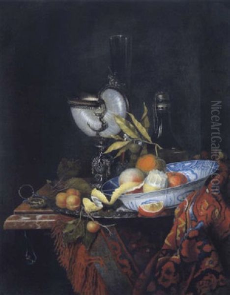 Stilleben Mit Einer Silberplatte Mit Marillen, Einer Delfter Schale Mit Zitrusfruchten, Einem Nautiluspokal Und Einem Stangenglas Auf Einem Orientteppich by Barent (v. d. Meer) Vermeer