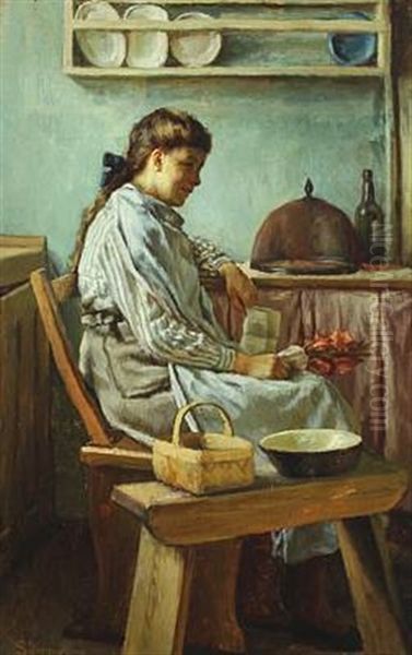 Interior With Young Woman In A Kitchen by Sophus Vermehren