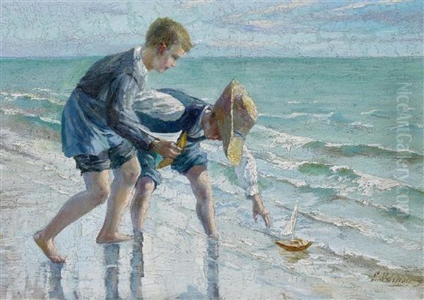 Spielende Knaben Am Strand by Emile Vernon