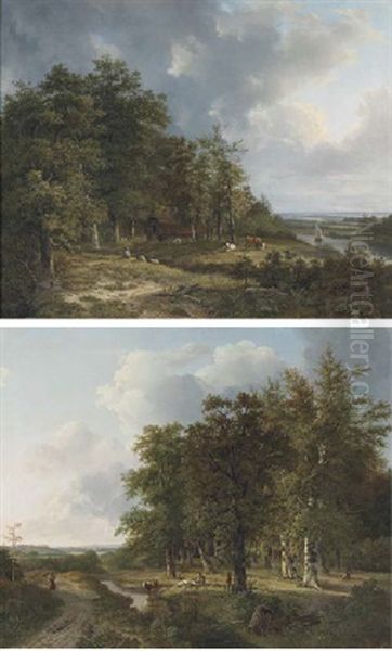 Wooded Landscape With Cattle Resting By A Brook (+ Summer Landscape With Cattle Grazing By A River; Pair) by Hendrik Verpoeken