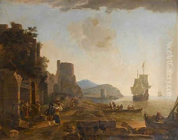 A Coastal Mediterranean Landscape At Dusk With Peasants Walking Beside Ruins, Seamen Coming Ashore And Vessels At Sea Beyond by Lieve Pietersz Verschuier