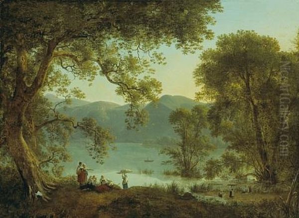 An Italianate Landscape With Washerwomen Resting Under A Tree by Martin Verstappen