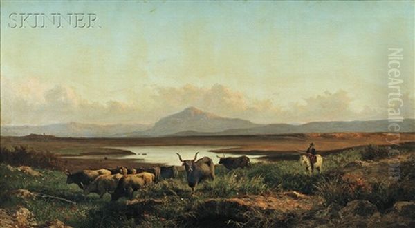 Campagna Vista With Cattle And Horseman by Achille Vertunni