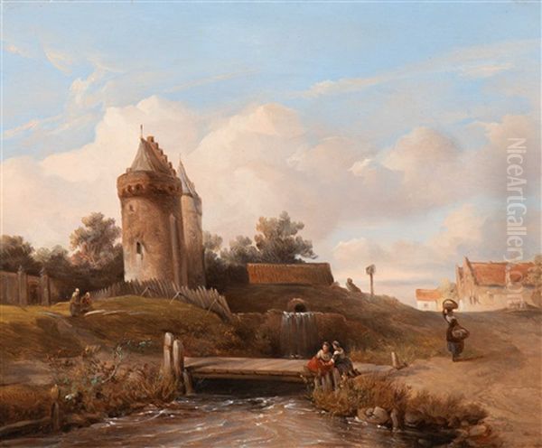 Washerwomen By A Brook Near A Castle by Salomon Leonardus Verveer