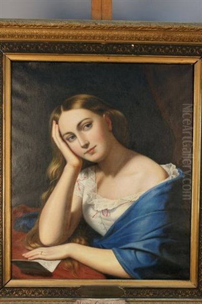 Portrait De Jeune Femme A La Lettre (douces Pensees) by Leon Viardot