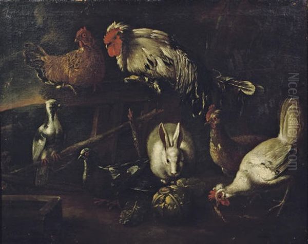 A Rooster, Chickens, Pigeons And A Hare Outside A Stable In A Landscape by Giacomo (Jacobus) Victors