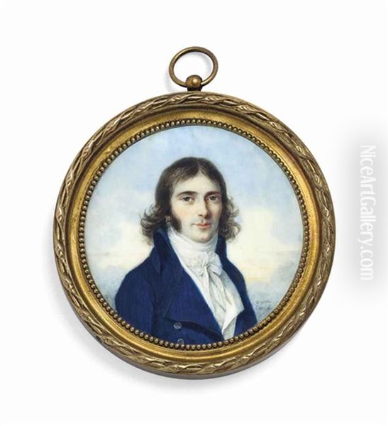 A Young Gentleman, In Blue Coat With Silver Buttons, White Waistcoat And Knotted Cravat, Gold Hoop Earring And Long Curling Brown Hair by Antoine Paul Vincent