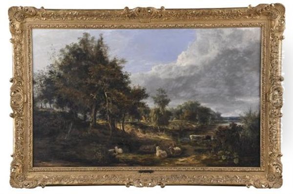 An Extensive Wooded River Landscape With Cottages, Cattle And Sheep In The Foreground by George Vincent