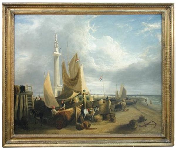 Fisher Folk And Dutch Vessels On Yarmouth Beach, Beneath The Trafalgar Monument by George Vincent