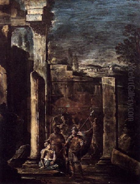 An Architectural Capriccio With A Soldier Conversing With A Courtesean by Octavio Viviano