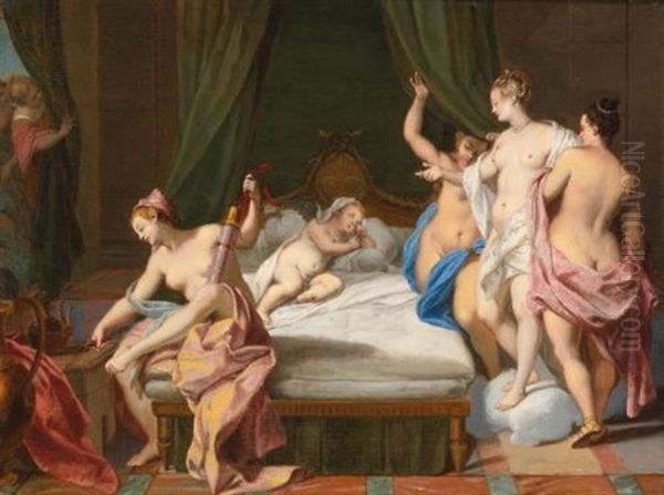 Venus And The Three Graces Tending Cupid by Nicolas Vleughels