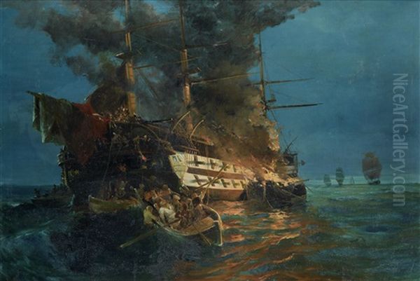 The Burning Of A Turkish Battleship by Konstantinos Volanakis