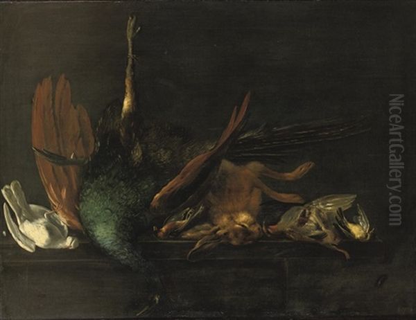 A Peacock, A Hare, A Partridge, Two Finches And A Dove On A Table by Elias Vonck