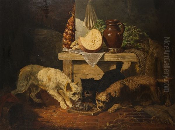 Dogs Playing With Mice With A Still Life In Background by Vincent de Vos