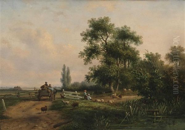 Uferlandschaft Mit Rastenden Hirten Und Pferdewagen by Dirk Johannes van Vreumingen