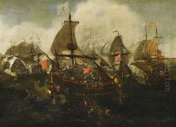 Seeschlacht Zwischen Der Neuen Spanischen Armada Und Den Niederlandern Vor Dunkirchen Oil Painting - Hendrik Cornelisz Vroom