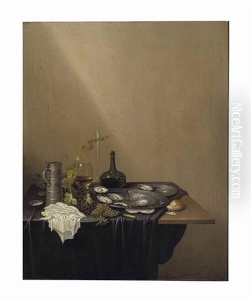 A Pewter Dish Of Oysters With Grapes, A Roemer, And Bread On A Partially Draped Table by Gerrit Van Vucht