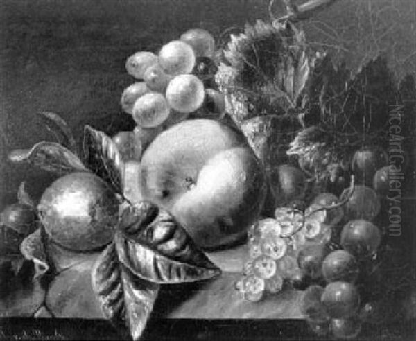 A Still Life With A Peach, A Lemon And Grapes by Johannes Jacobus van der Waals