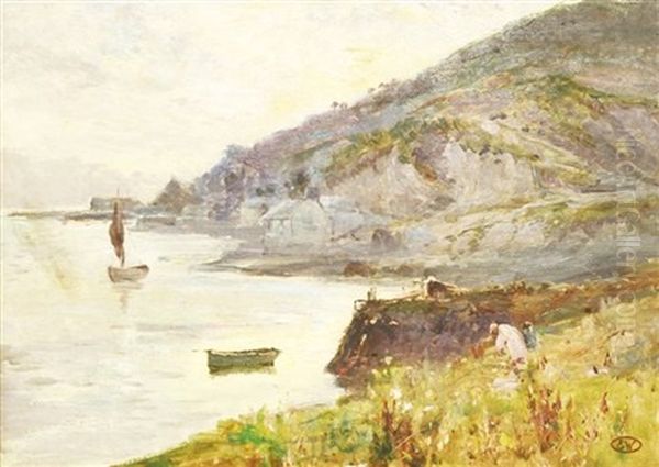 A Cornish Cove With Figures In A Meadow by Ernest Walbourn