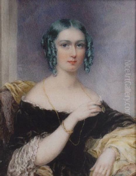 Portrait Of Mrs. Elizabeth Martha James With Green Hair In Ringlets, Wearing Decollete Black Dress With Lace Trim, A Pale Yellow Shawl... by Elizabeth Walker