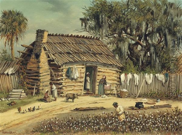 Log And Clay Cabin With Moss-covered Oak Tree And Palmetto by William Aiken Walker