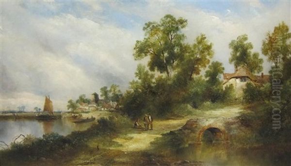 Rustic River Landscape With Figures Conversing On A Bridge by William Archibald Wall