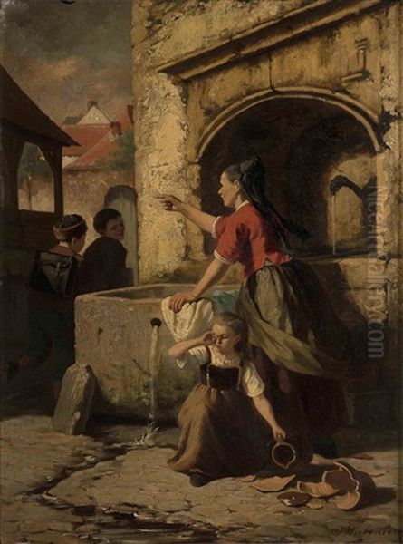 Scene A La Petite Fille Au Pot Casse Avec Femme Au Lavoir Et Enfants Turbulents by Jan Walraven