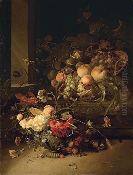 Peaches, Grapes, Walnuts And Wild Blackberrries In A Basket On A Stone Plinth And Roses, Morning Glory And Carnations In A Stone Urn, By A Window, With A Butterfly by Jacob van Walscapelle