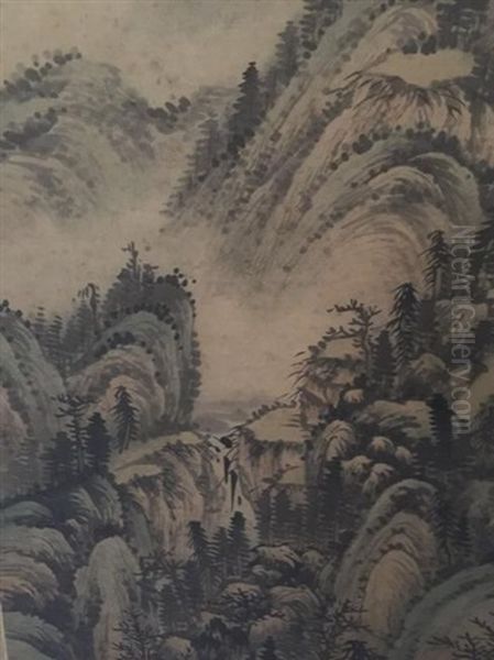 Chinese Ink Landscape Painting W Calligrahpy by  Wang Jian