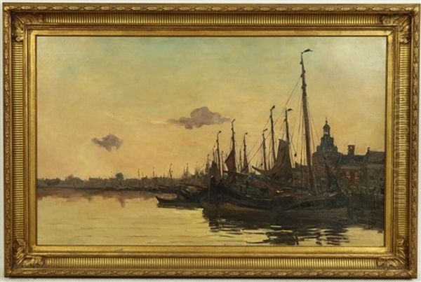 Havengezicht Bij Ondergaande Zon by Cornelis van Waning