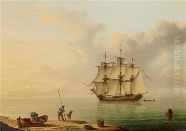 Collecting Clams - A British Man O'war Departing by John Ward Of Hull