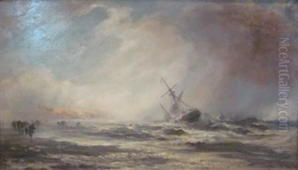 Coastal Scene At Low Tide, With Boat Being Swept Ashore by Frank Wasley