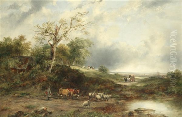 Landscape With Figures Tending Sheep And Cattle by Frederick Waters Watts