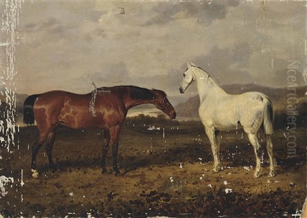 A Dappled Grey And A Bay Hunter In An Extensive Landscape With A River Beyond by William Webb