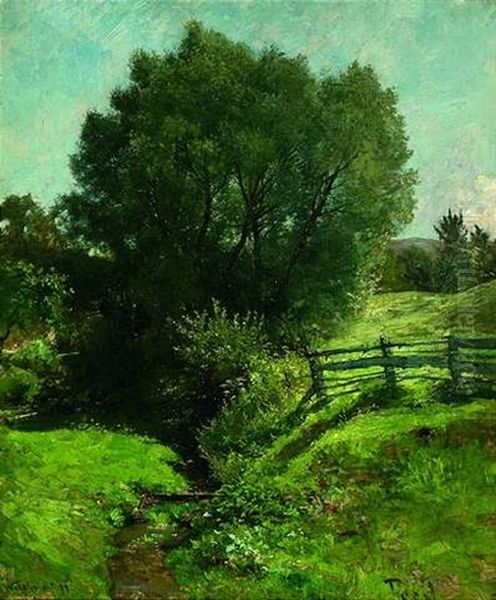 Sommerliche Wiesenlandschaft Mit Weidezaun Und Einem Bach by Victor Weishaupt