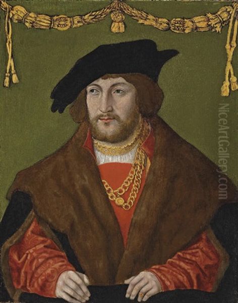 Portrait Of A Gentleman In A Red Doublet With A Brown Fur Cloak, A Gold Chain And A Black Cap by Hans Wertinger