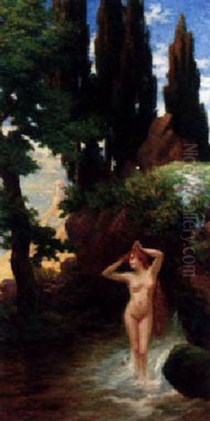 A Female Nude Bathing In A Classical Landscape by Bruno Wiese