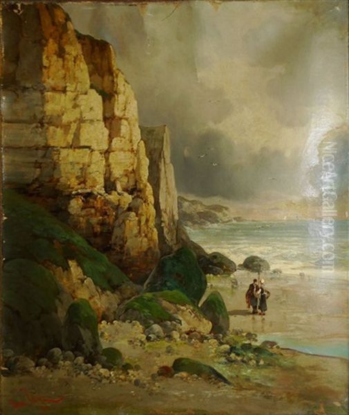 Couple De Pecheurs Devant Les Falaises En Normandie by Henri Van Wijk