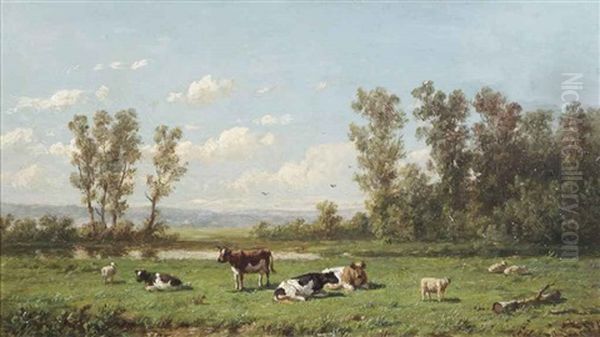 Cattle Grazing In A Sunlit Pasture by Anthonie Jacobus van Wijngaerdt