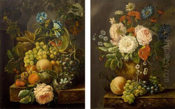 A Still Life With Grapes, Peaches, Roses And A Bird's Nest All On A Marble Ledge (a Pair) by Andre Broedelet