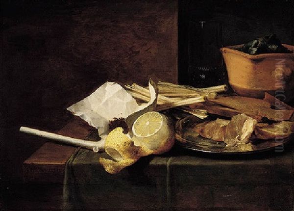 A Still Life Of Smoker's Requisites, Including A Clay Pipe, Tobacco In A Paper, Spills And A Chafing Dish, With A Partly Peeled Lemon And Fish On A Plate by Petrus Willebeeck