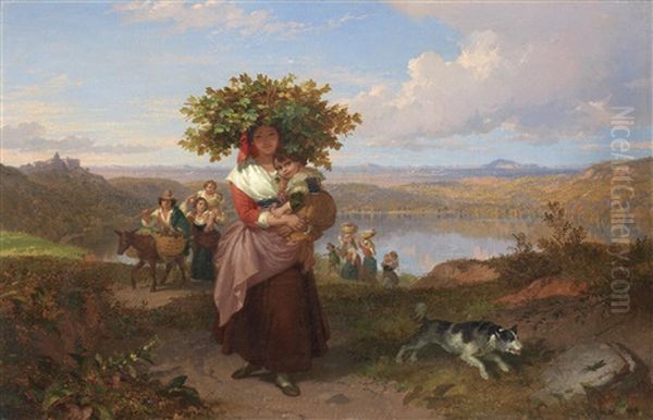 Italian Peasants In A Landscape Near Lake Nemi by Penry Williams