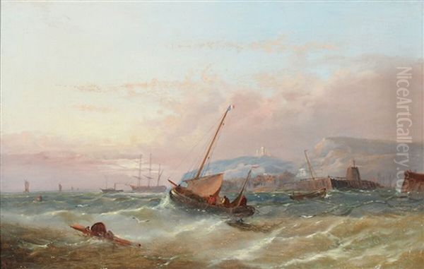 Seascape With Sailing Ships And Fishing Boats Off The Coast by William Henry Williamson