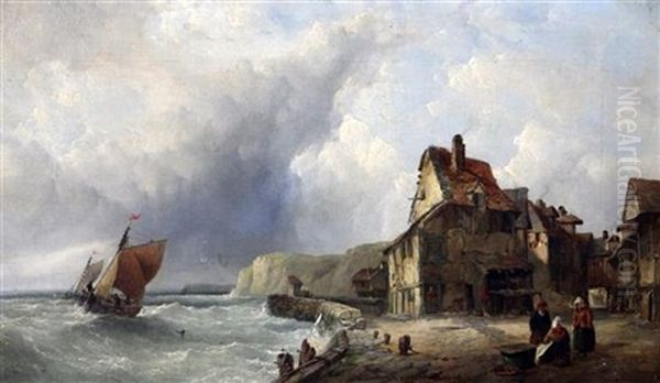 Fishing Village With Fishing Boats Leaving Port by John James Wilson