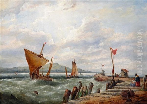 Blustery Day With Figures On A Jetty And Fishing Boats Off Shore by John James Wilson