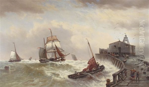 Boats Off Ostend Lighthouse by Daniel H. Winder