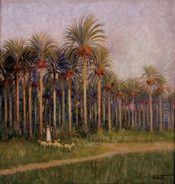 Orientalischer Hirte Steht Vor Palmenhain Im Abendlicht by Eduard Wirth