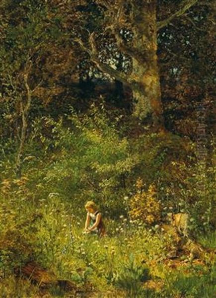 A Girl Gathering Flowers In A Forest Glade by Olga Wisinger-Florian