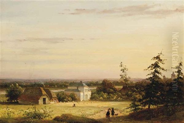 Figures Taking A Stroll By A Hunting Lodge by Johannes Pieter Van Wisselingh